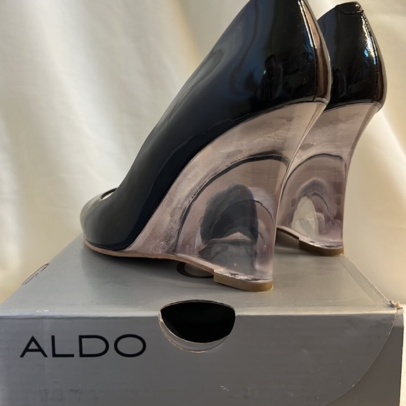 EUC Aldo Size 7/ 37 Javea Black patent lucite wedge heels - Picture 7 of 16